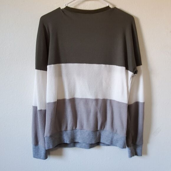 Faux Wrap Blouse Top Womens M Gray White Stripe Waffle Knit Long Sleeve Pullover - Picture 2 of 9